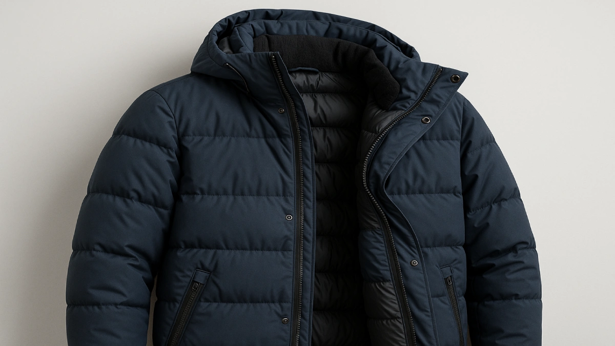 Detalii tehnice geacă de iarnă bărbați, cu fermoare, cusături și izolație vizibile