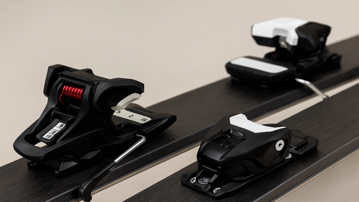 Detalii tehnice ale legăturilor de schi, cu toe piece, heel piece și indicator DIN vizibile