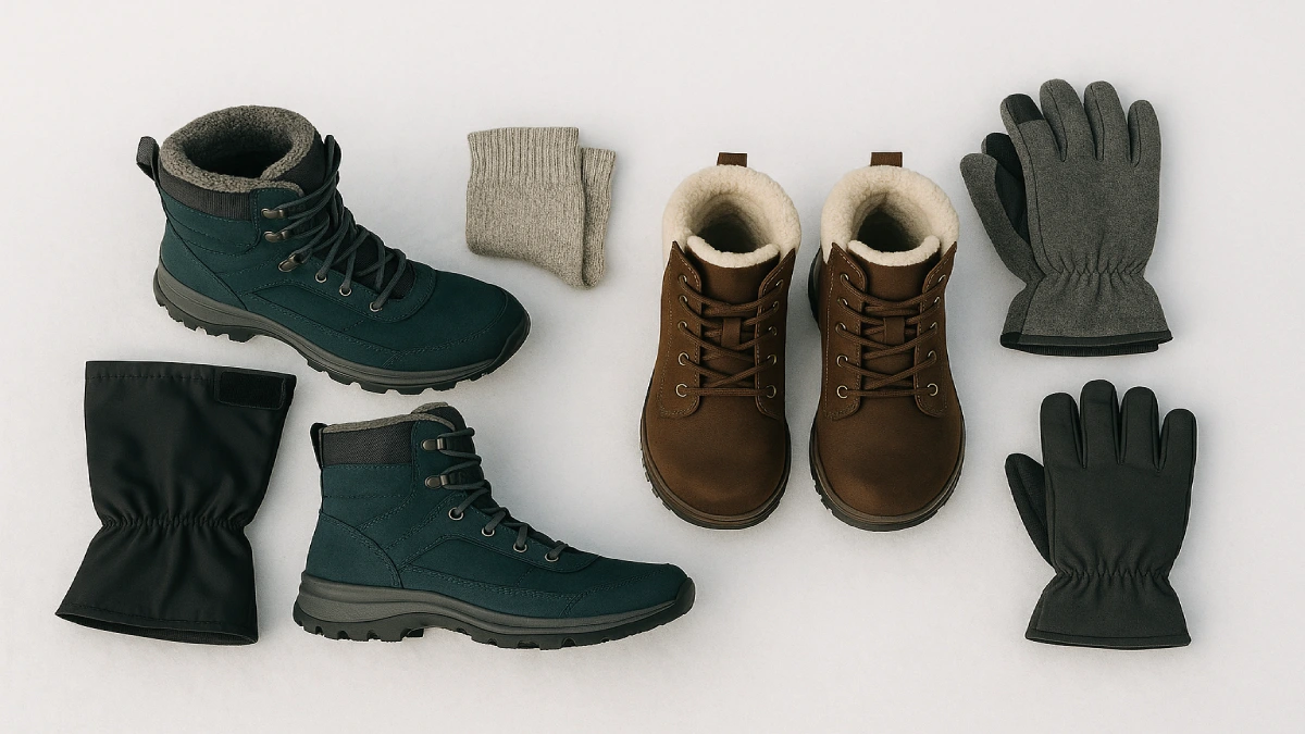 Cizme de iarnă impermeabile, mănuși călduroase și șosete termice, echipament esențial pentru sezonul rece