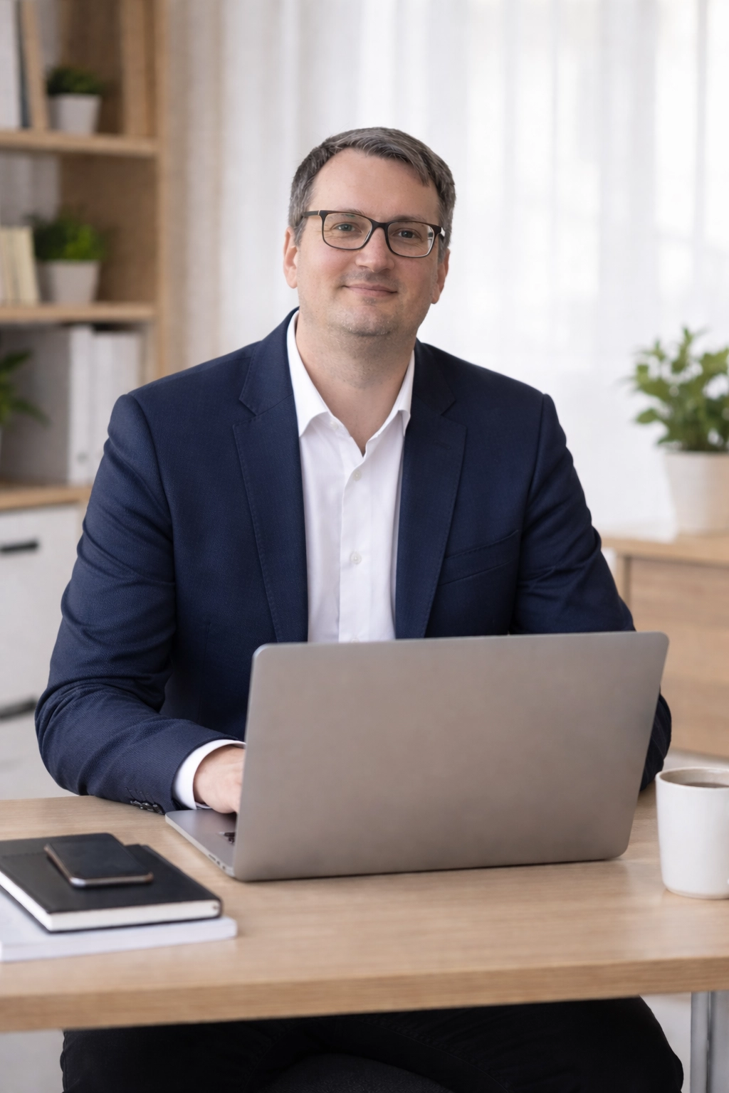 Editor coordonator lucrând la birou, folosind un laptop pentru documentare și analiză editorială