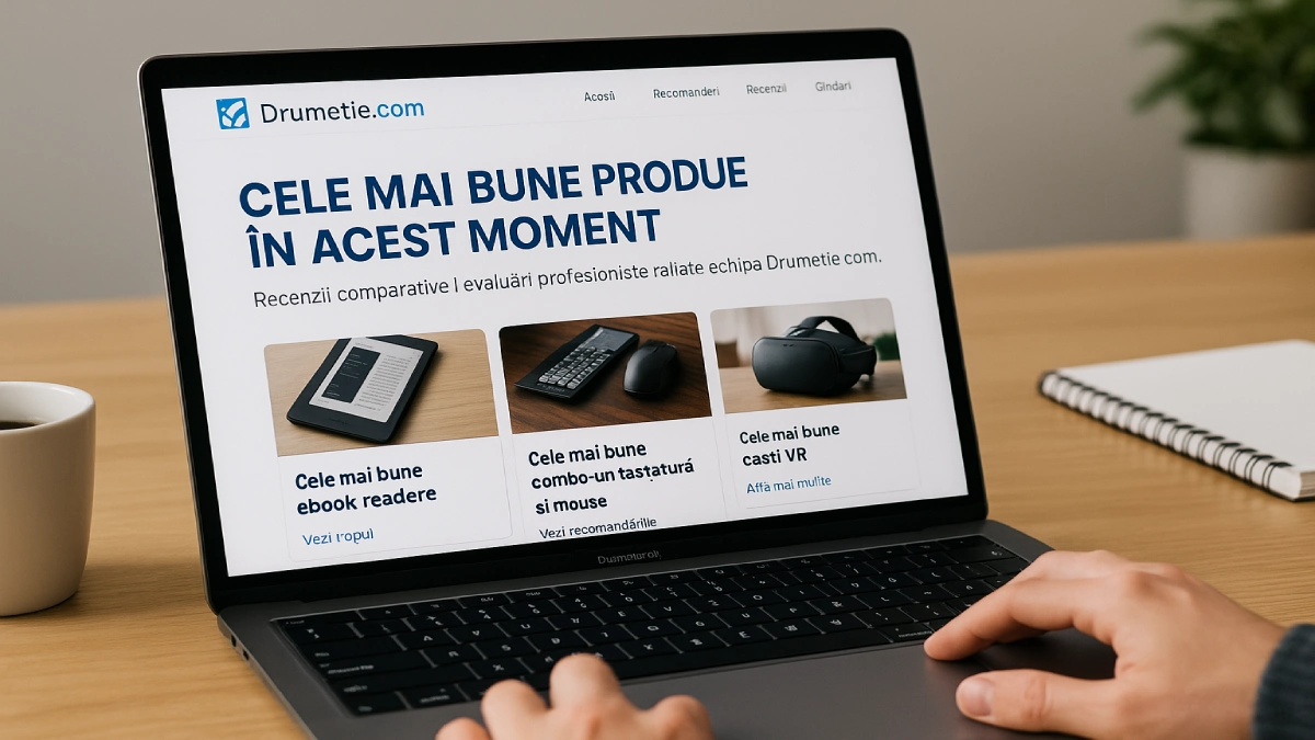 Laptop afișând pagina Drumetie.com cu recomandări în limba română, utilizat pentru analiza recenziilor și evaluarea experiențelor utilizatorilor.