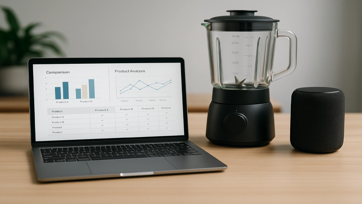 Laptop cu grafice de comparație și două produse analizate pe un birou, simbolizând procesul de evaluare a produselor.