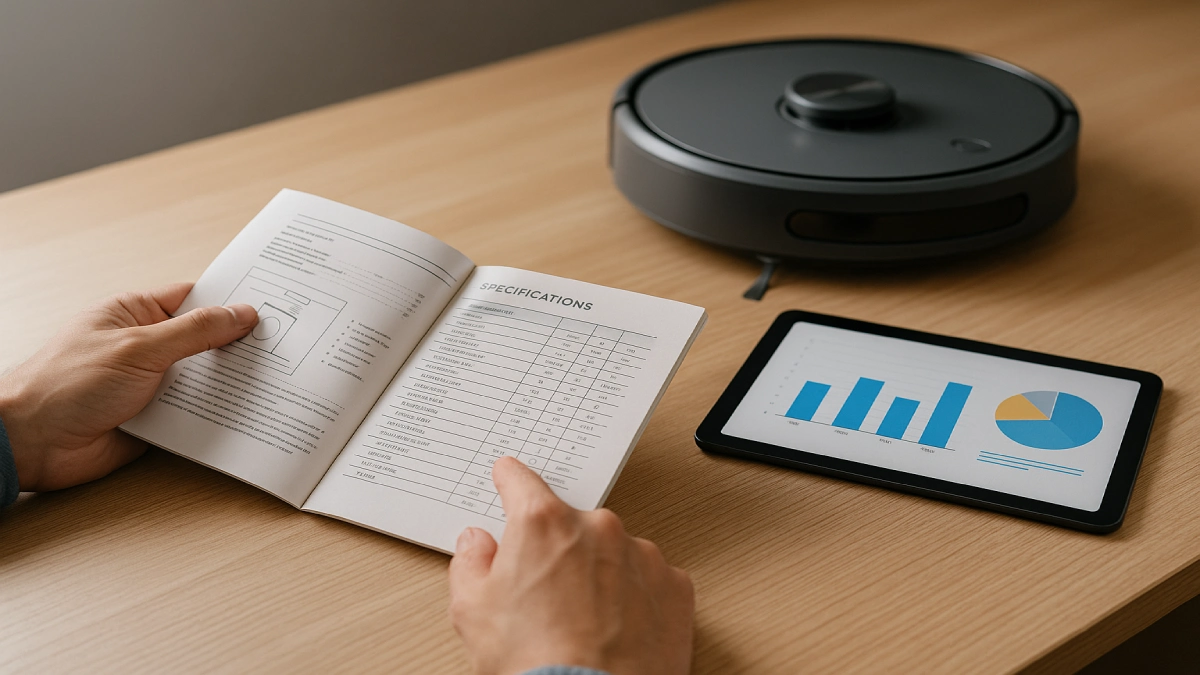 Persoană analizând manualul tehnic și specificațiile unui produs, alături de tabletă cu grafice și robot de aspirare pe birou.