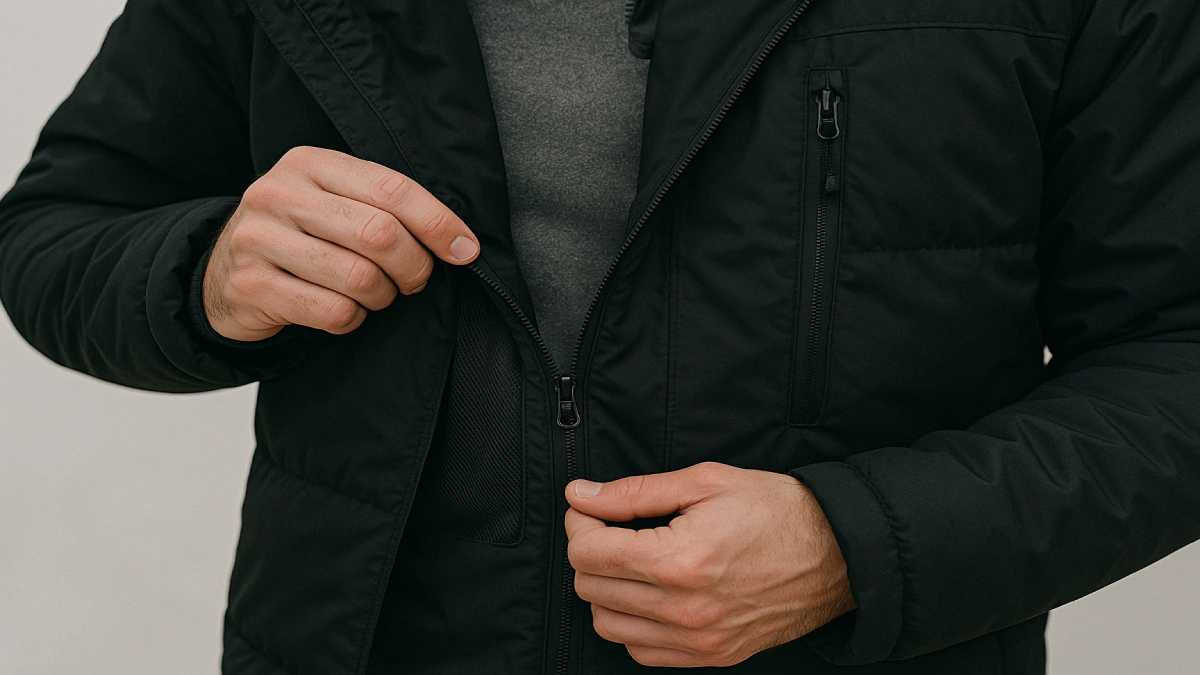 Detalii funcționale ale unei geci de iarnă pentru bărbați, cu buzunare și fermoare tehnice