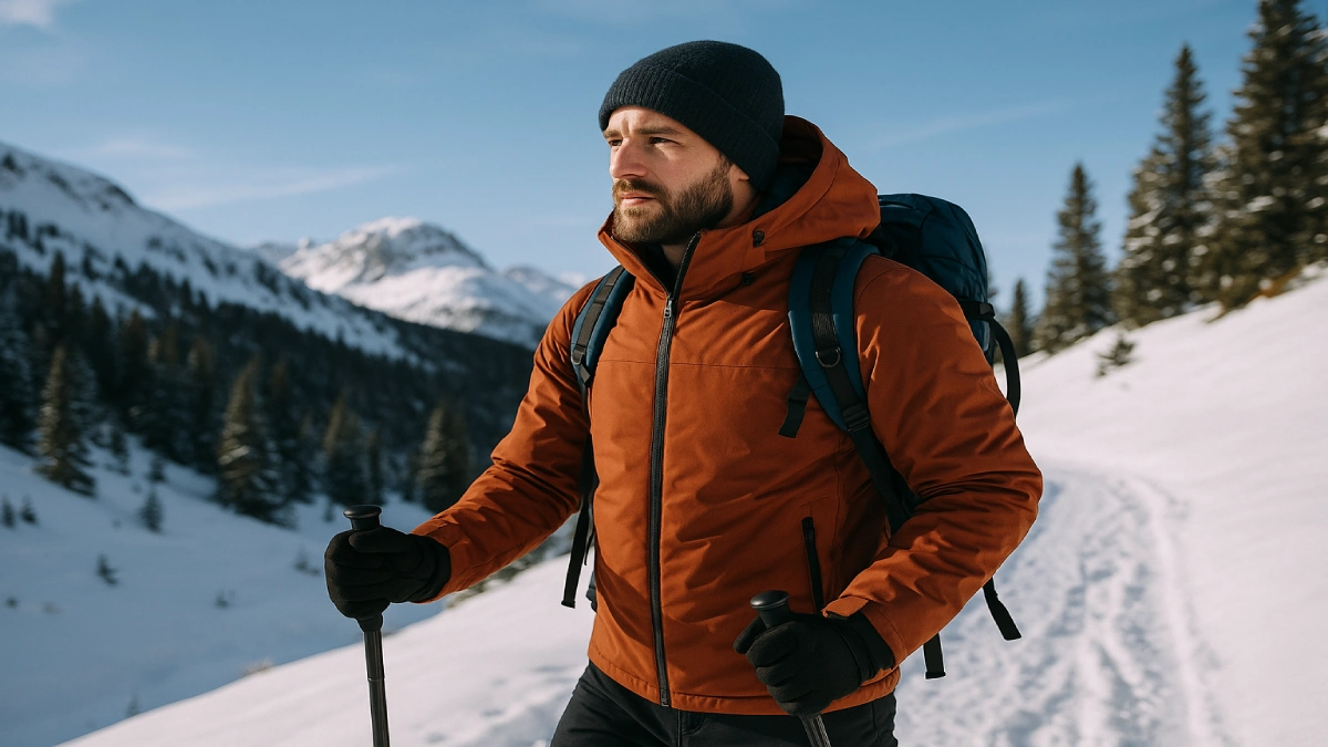 Bărbat pe traseu montan iarna purtând geacă de iarnă și echipament de drumeție