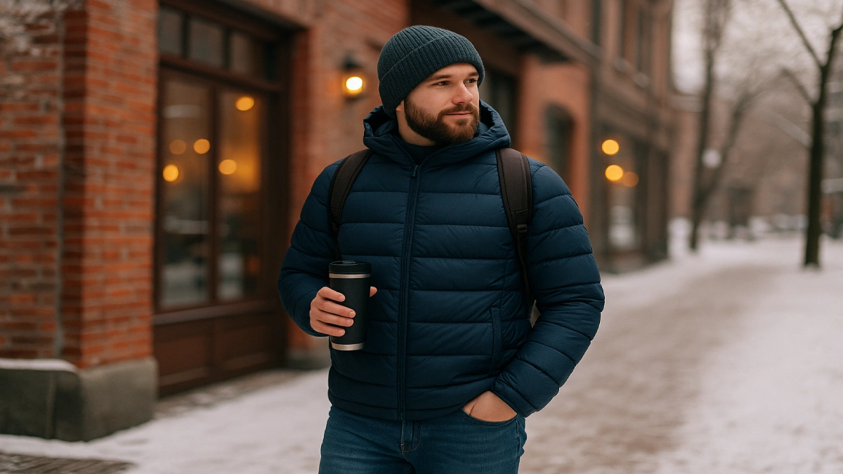 Bărbat purtând geacă de iarnă într-un outfit urban, pe stradă într-un oraș iarna