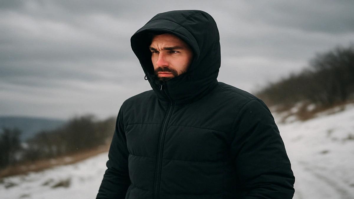 Bărbat purtând geacă de iarnă cu gluga ridicată în condiții de vânt și frig
