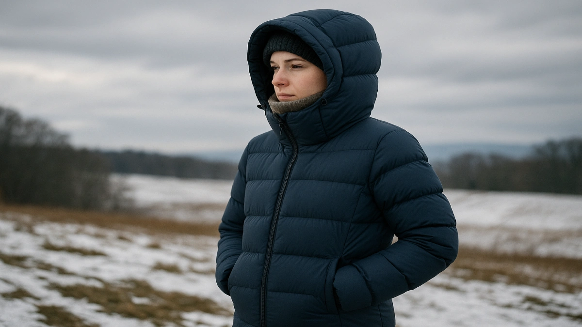 Geacă puf damă purtată în condiții de frig și vânt, cu gluga ridicată