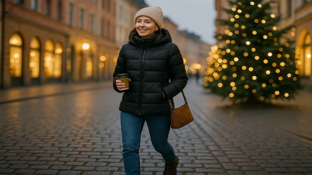 Outfit urban de iarnă cu geacă puf damă purtată pe stradă într-un oraș european