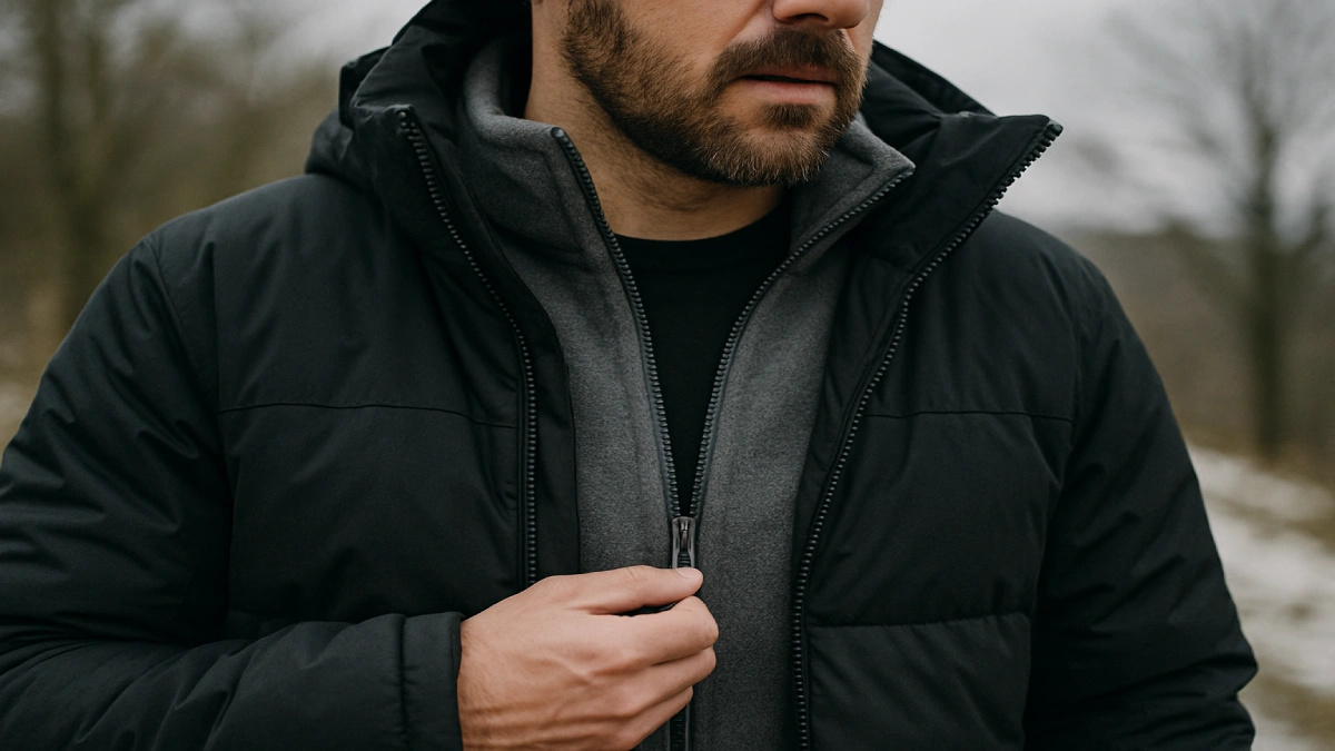 Layering de iarnă pentru bărbați cu geacă și strat intermediar vizibil