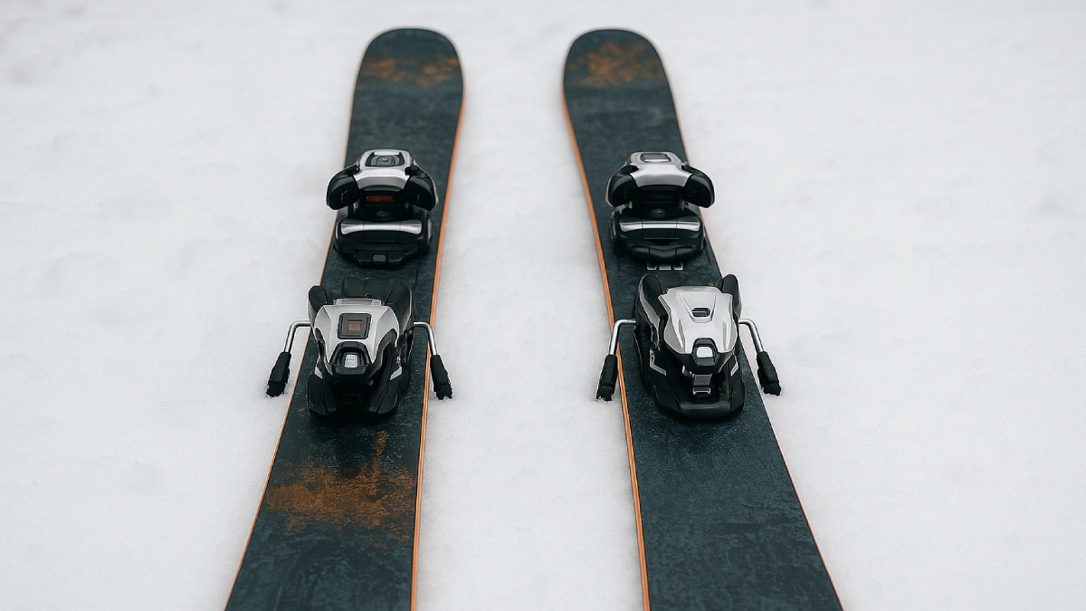 Legături de schi montate pe schiuri, așezate pe zăpadă, cu detalii vizibile ale sistemului de prindere