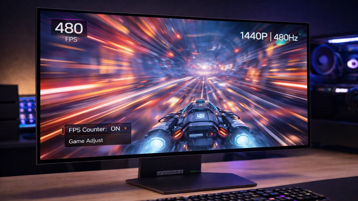 Monitor LG UltraGear 32GS95UV-B OLED afișând un joc de mare viteză, evidențiind claritatea mișcării și rata de refresh ridicată