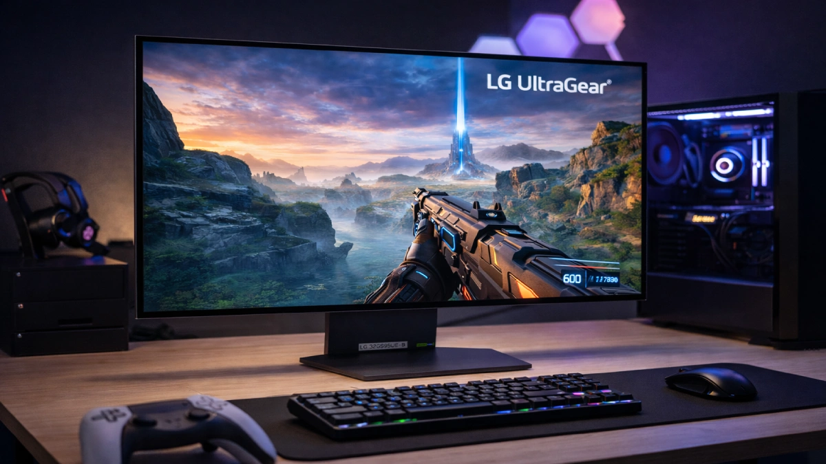 Monitor LG UltraGear 32GS95UV-B OLED de 32 inch într-un setup de gaming pe birou, afișând un joc de tip FPS