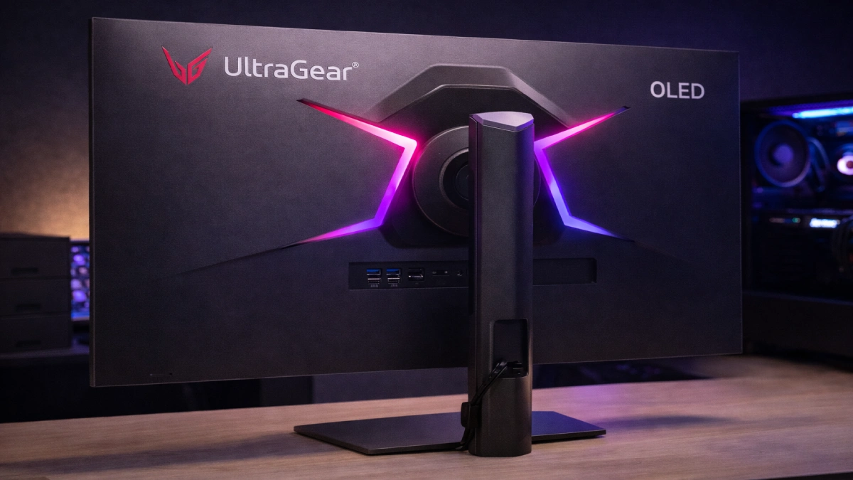 Spatele monitorului LG UltraGear 32GS95UV-B OLED, evidențiind designul, iluminarea și standul ergonomic