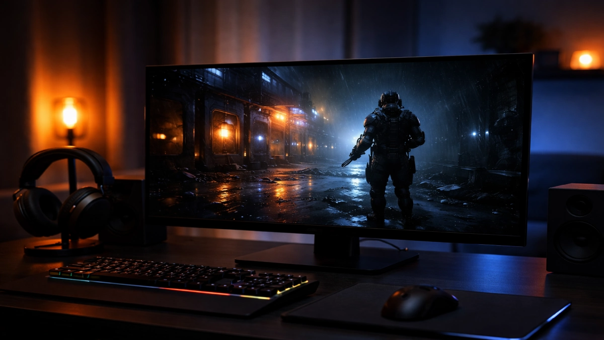 Monitor OLED de gaming afișând o scenă întunecată cu contrast ridicat și detalii luminoase