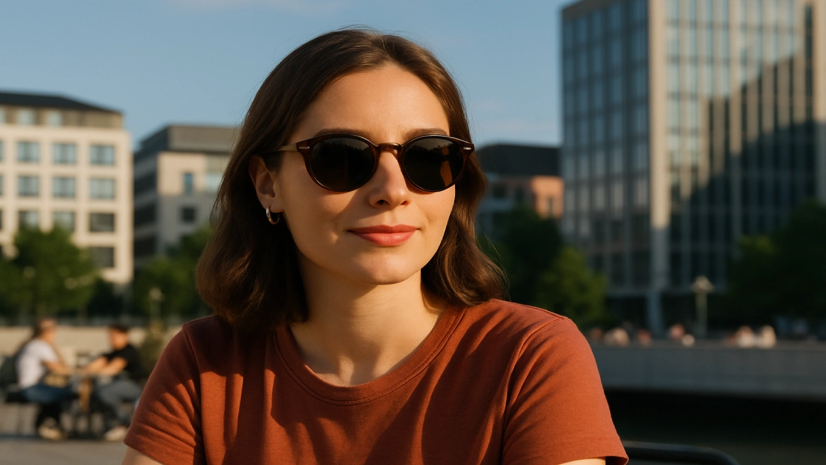 Ochelari de soare moderni purtați de o tânără pe o terasă urbană, în lumină de după-amiază, cu clădiri moderne în fundal