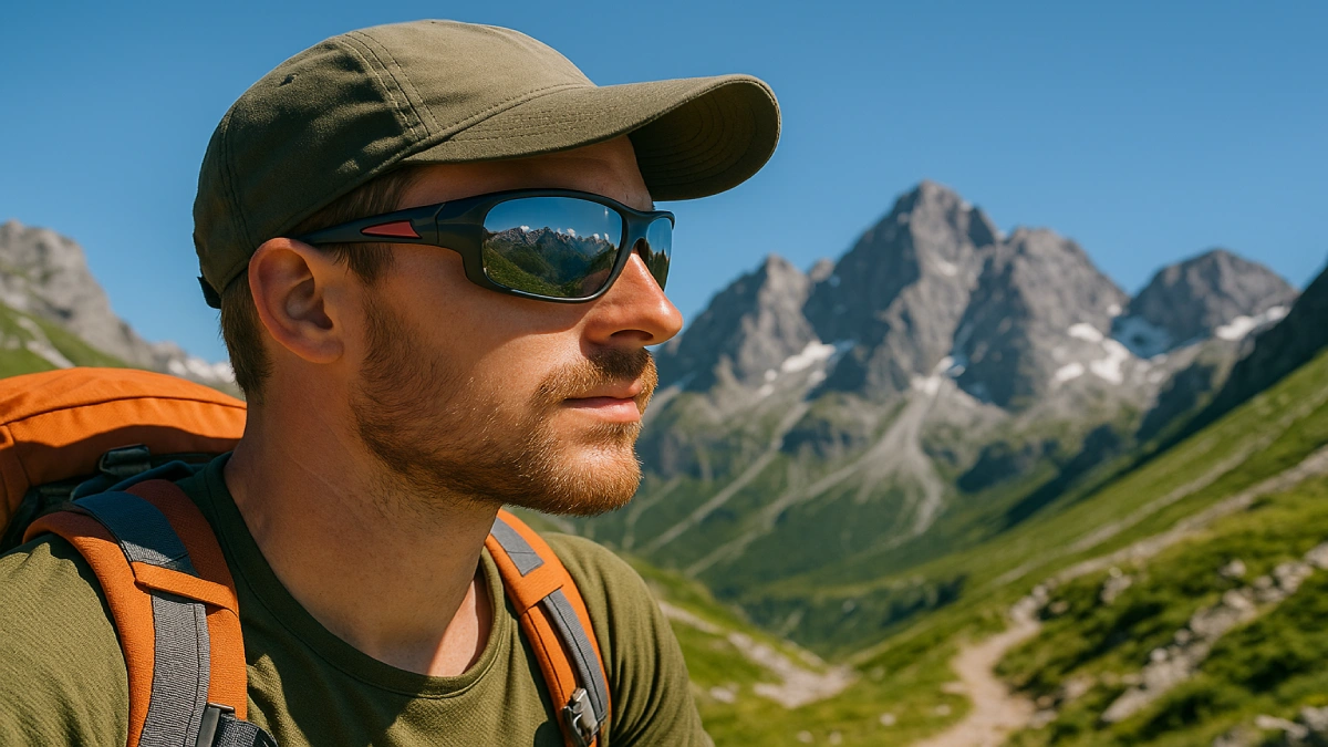 Bărbat purtând ochelari de soare sport în timpul unei drumeții montane, cu munți stâncoși și traseu alpin în fundal