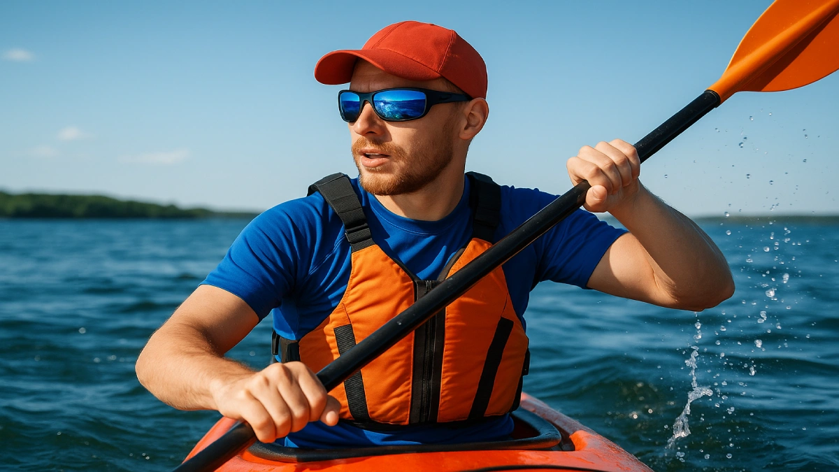 Bărbat practicând caiac, purtând ochelari de soare sport rezistenți la apă, pe un lac în condiții de soare puternic