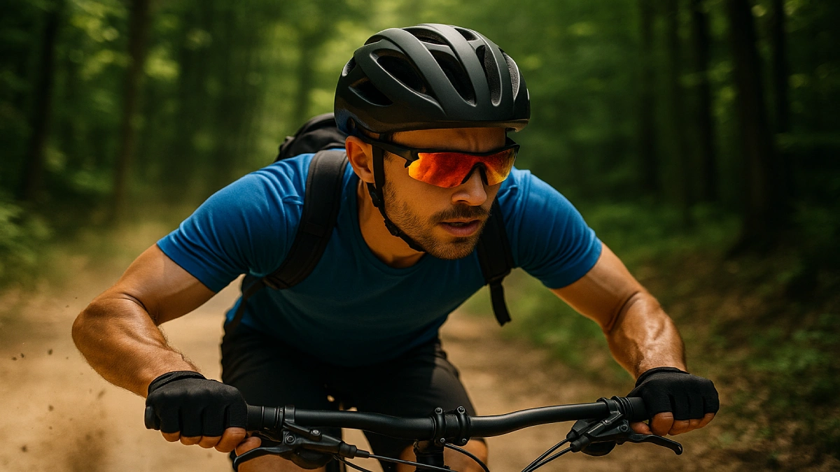 Bărbat practicând ciclism montan, purtând ochelari de soare sport cu lentile colorate, pe un traseu forestier