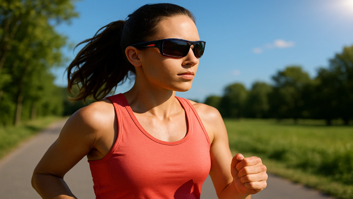 Femeie alergând în aer liber purtând ochelari de soare sport cu protecție UV, stabili și confortabili