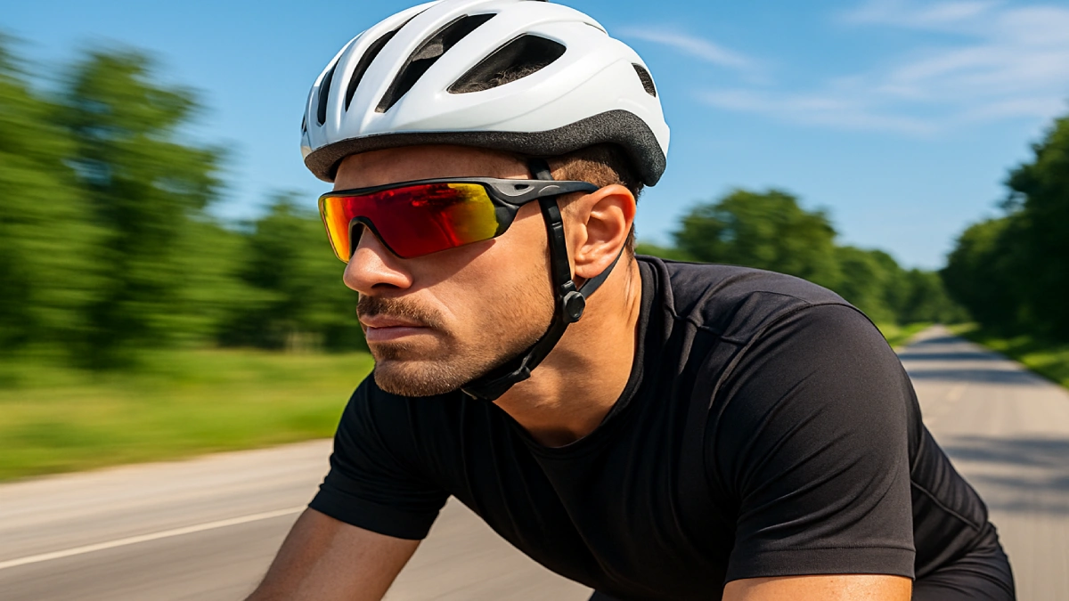 Ciclist purtând ochelari de soare sport cu lentile mari, protecție împotriva vântului și câmp vizual larg