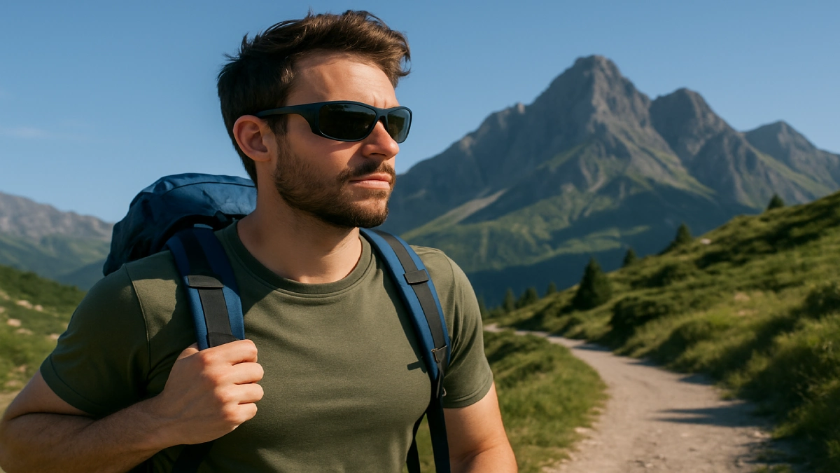 Bărbat în drumeție montană purtând ochelari de soare sport și rucsac, cu protecție UV și confort pe termen lung