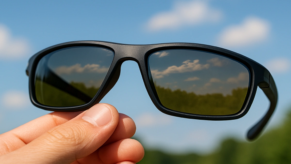 Detaliu ochelari de soare sport cu lentile polarizate, reflexii reduse și protecție UV 100%