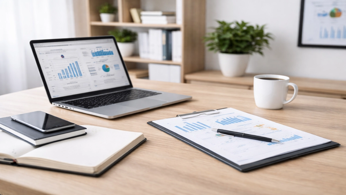 Spațiu de lucru editorial cu laptop, documente și grafice utilizate pentru analiză și comparație de produse