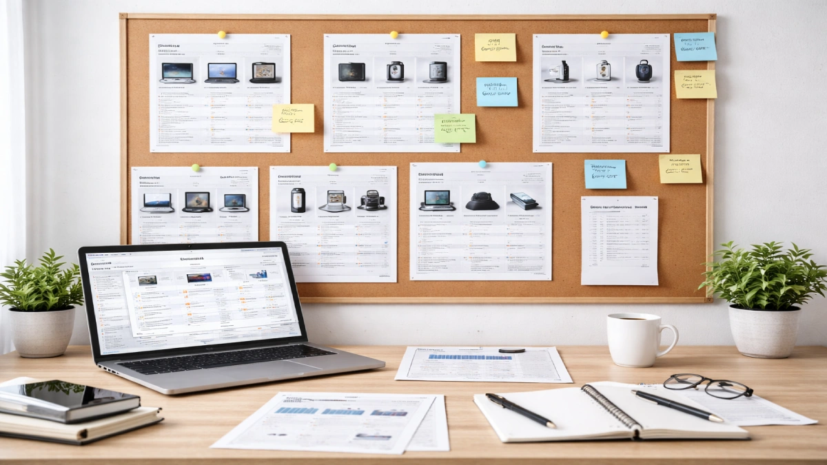 Proces editorial de planificare și analiză, cu comparații de produse și documentare înainte de publicare