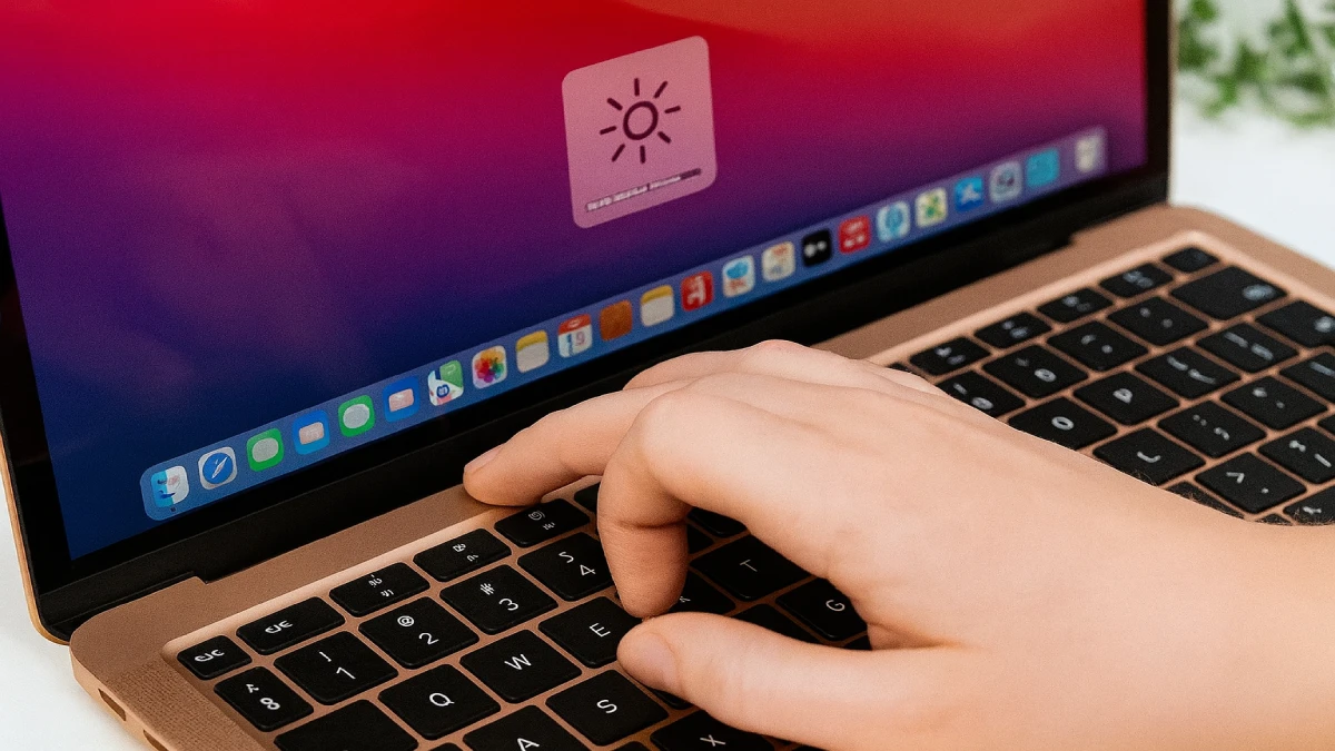 Mână care ajustează luminozitatea ecranului unui laptop folosind tastatura.