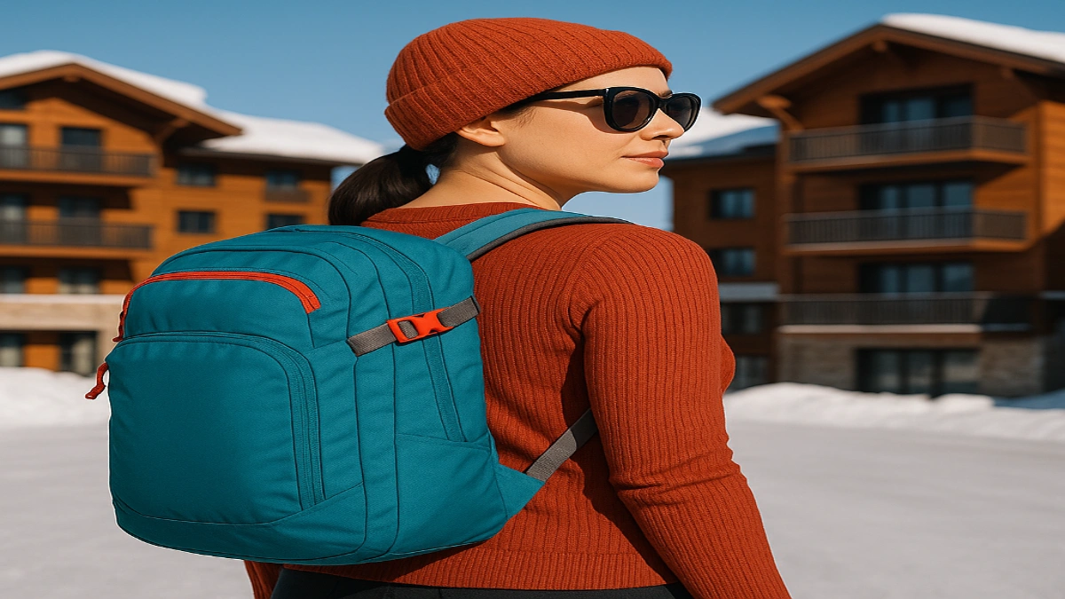 Rucsac de ski purtat de o femeie într-o stațiune montană, în context urban-alpin, cu clădiri de lemn în fundal