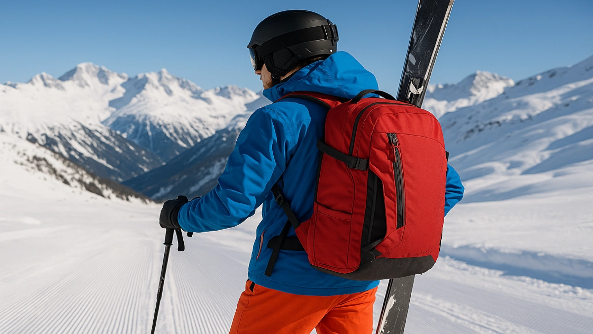 Schior pe pârtie purtând un rucsac de ski cu prindere pentru schiuri, într-un peisaj montan acoperit de zăpadă