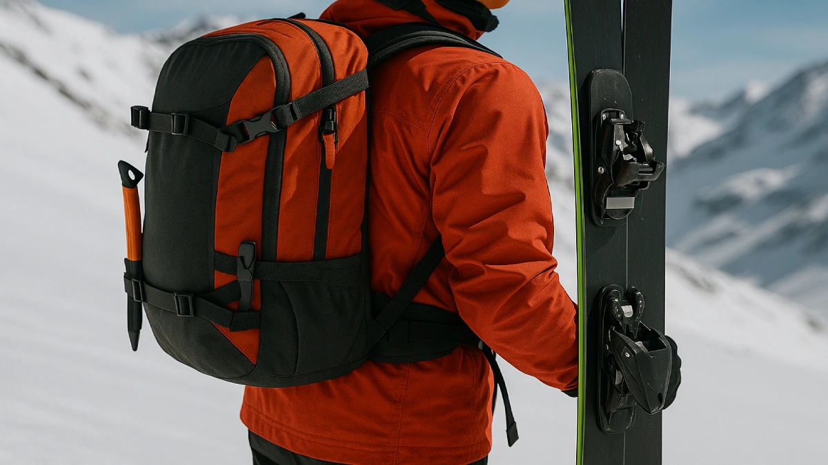 Rucsac de ski cu prinderi laterale pentru schiuri, purtat de un schior în echipament de ski touring pe munte