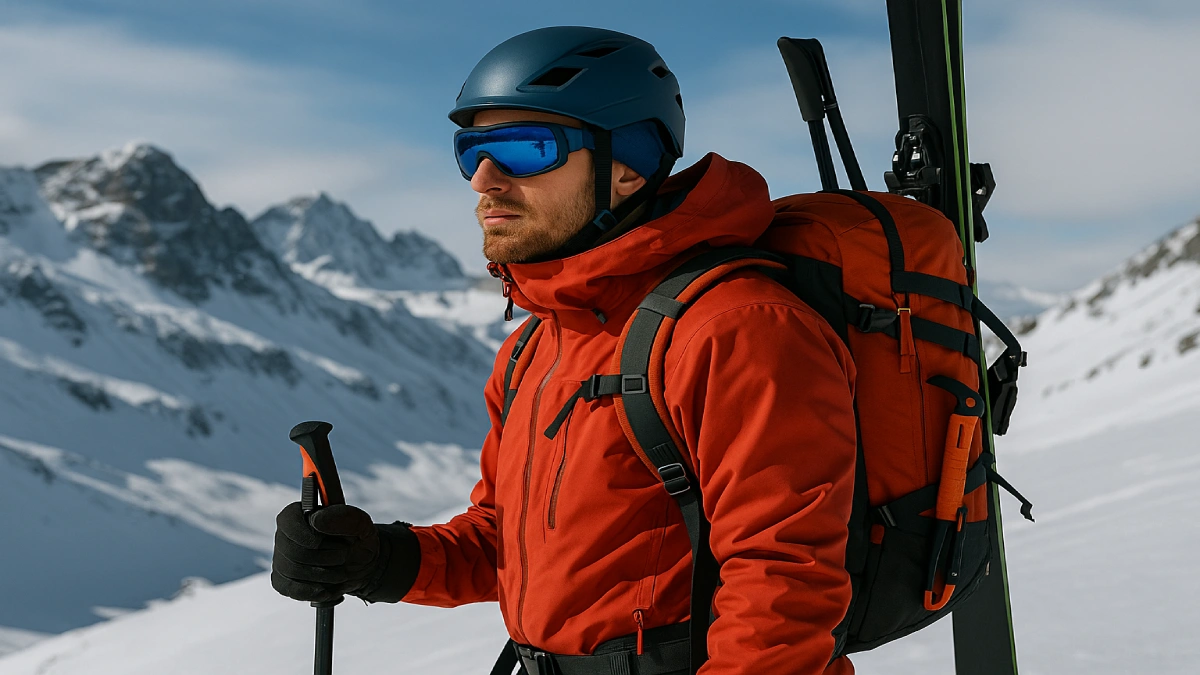 Rucsac de ski cu prinderi pentru schiuri și snowboard, purtat de un schior pe un versant montan acoperit de zăpadă