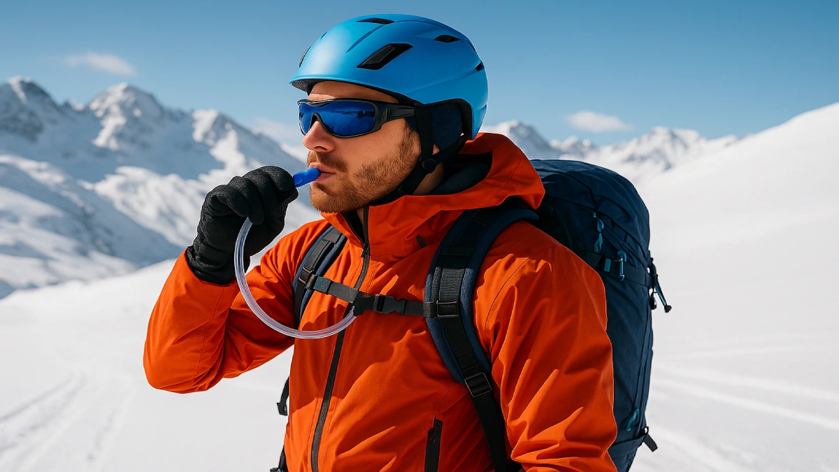 Schior în tură de ski-alpinism folosind sistemul de hidratare al unui rucsac de ski, pe munte acoperit de zăpadă