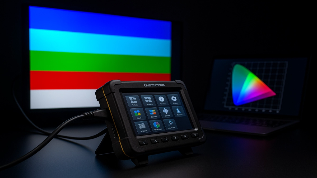 Echipament profesional pentru testarea și calibrarea culorilor unui display, utilizat într-un laborator de evaluare tech