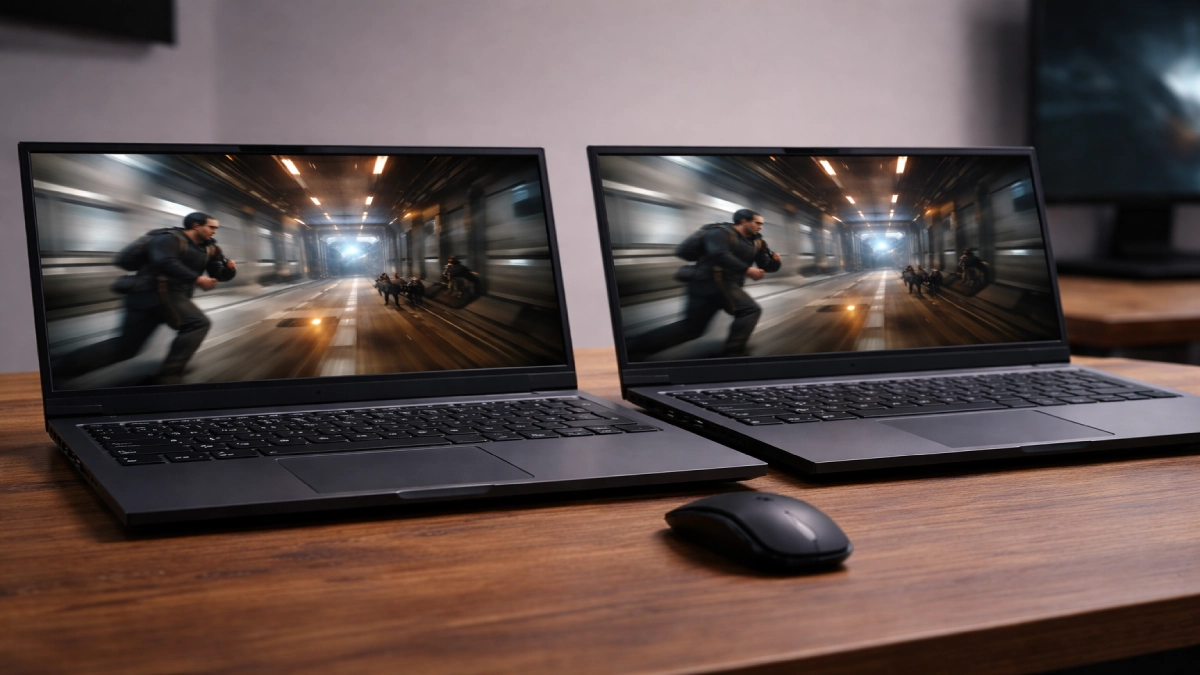 Două laptopuri de gaming similare afișând aceeași scenă de joc, ilustrând diferențele subtile dintre ecrane de 144Hz și 240Hz