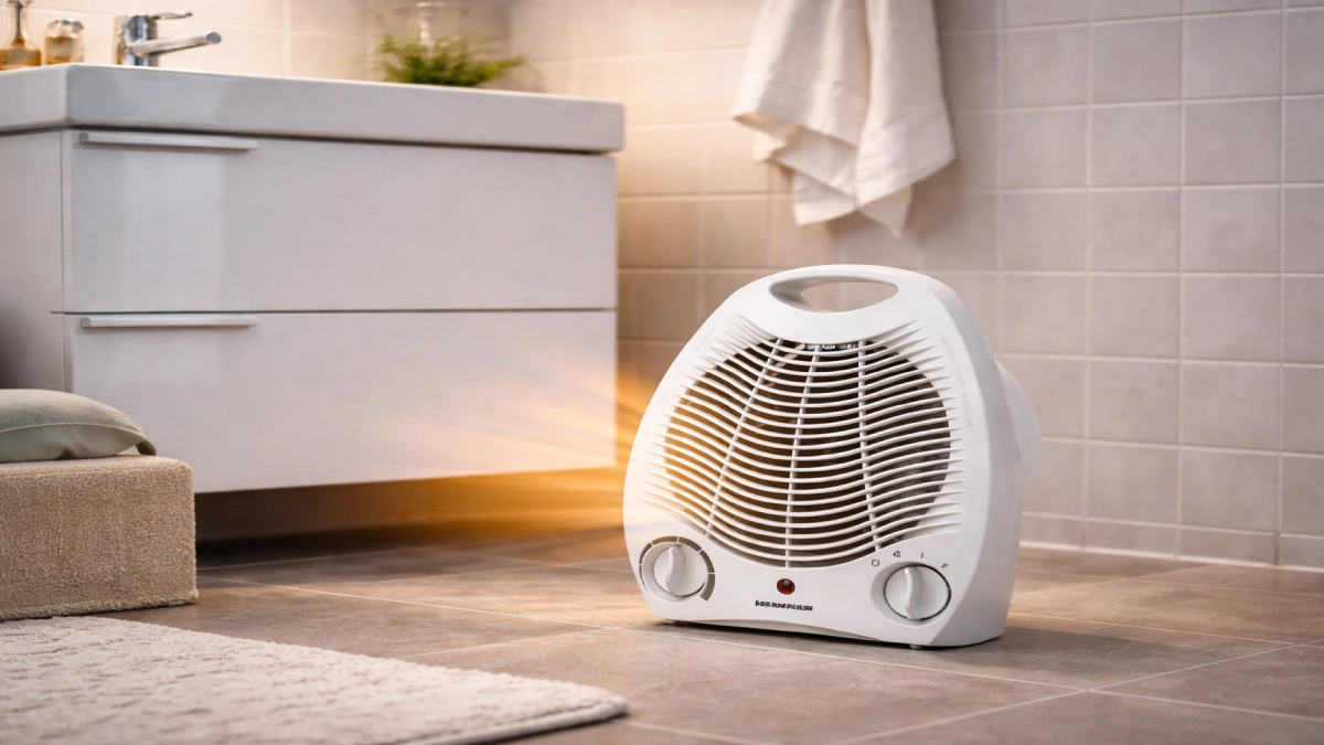 Aerotermă Heinner HFH-L2000WH folosită într-o baie, încălzire punctuală