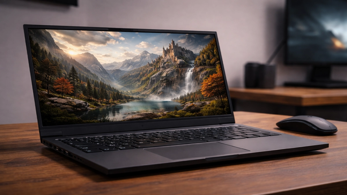 Laptop de gaming afișând o scenă statică detaliată, evidențiind claritatea imaginii și acuratețea culorilor