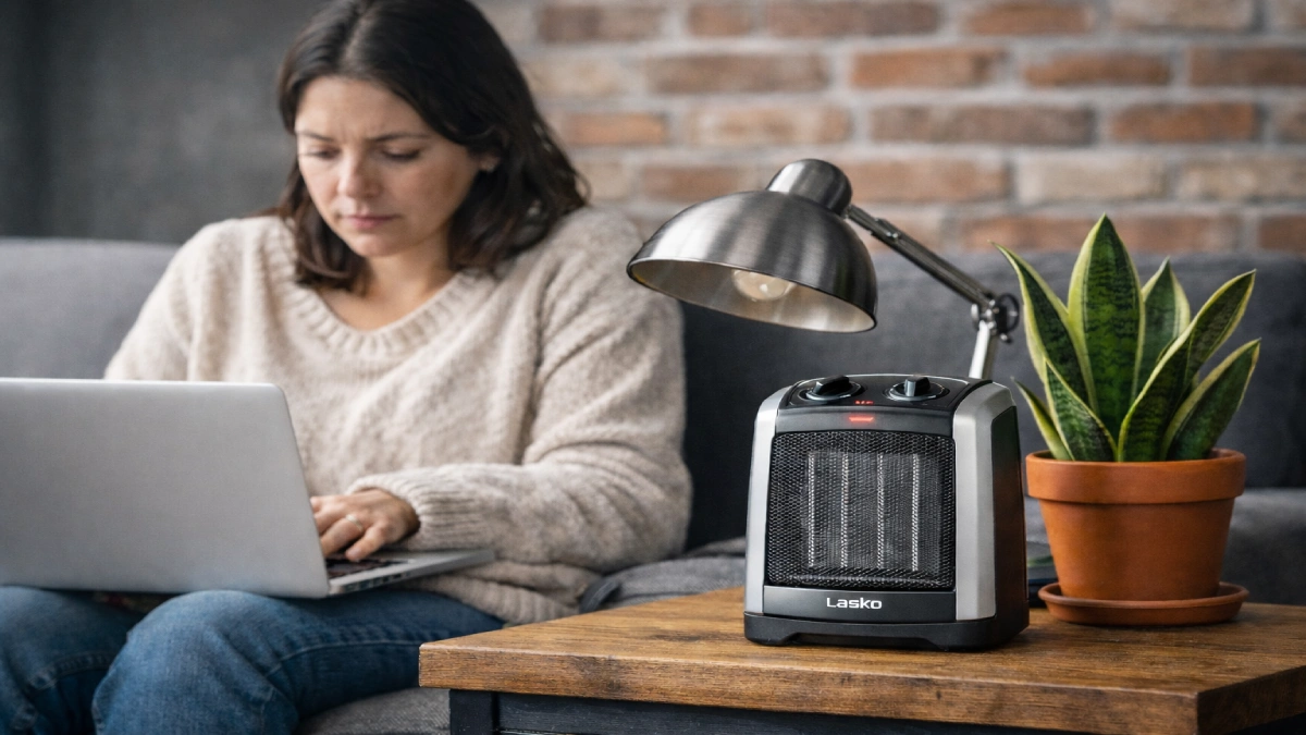 Persoană care lucrează de acasă folosind o aerotermă electrică pentru încălzire rapidă