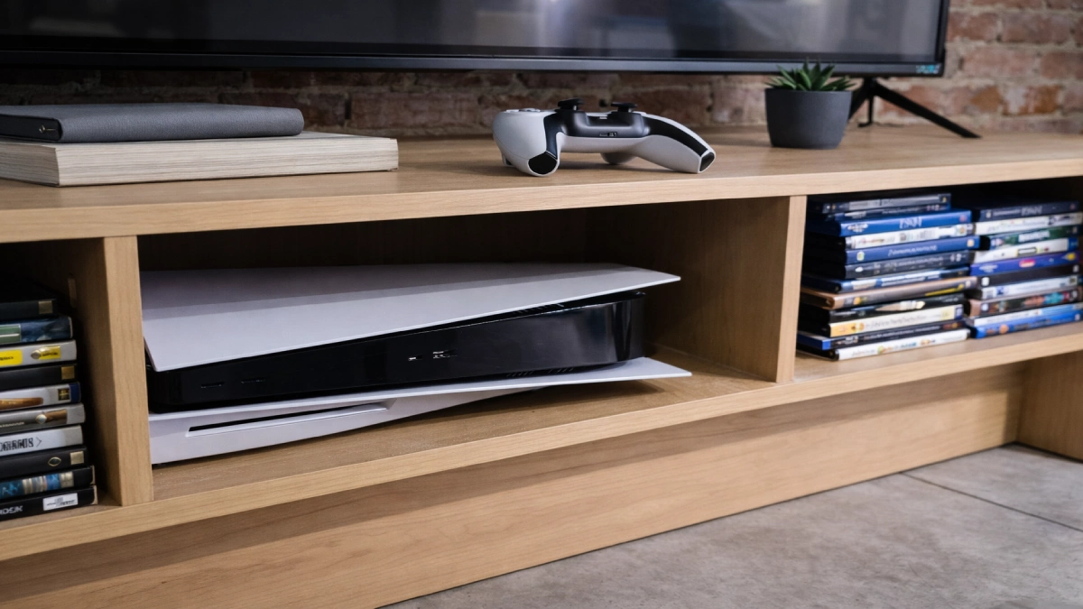 Consolă de gaming amplasată într-un mobilier de living, cu controller și jocuri depozitate pe rafturi din lemn