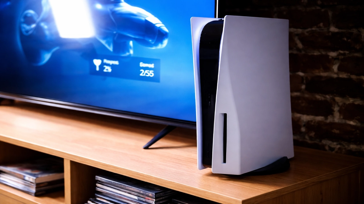 Consolă de gaming amplasată vertical lângă un televizor, într-un setup de living modern