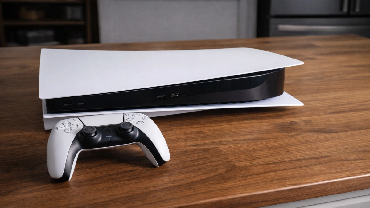 Consolă de gaming modernă cu controller, așezate pe o suprafață din lemn într-un cadru de interior