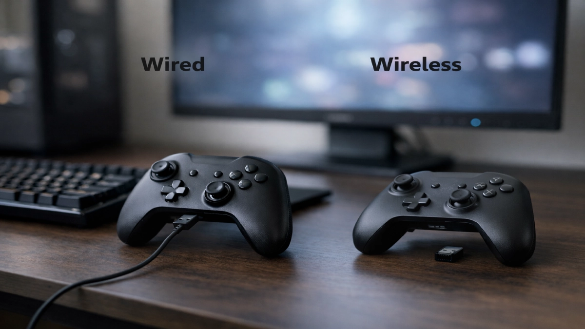 controller pentru PC conectat prin cablu și controller wireless într-un setup de gaming
