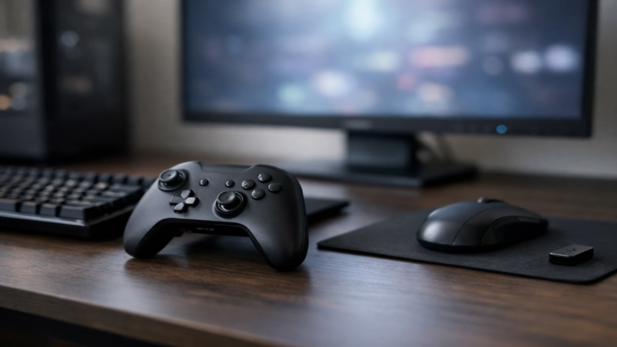controller pentru PC așezat pe birou, lângă tastatură și mouse într-un setup de gaming