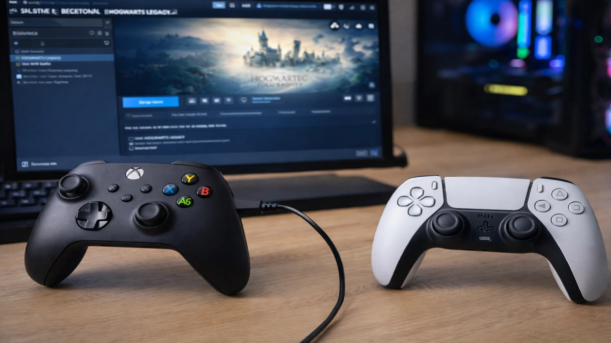 Controller Xbox conectat prin cablu și controller PlayStation folosit pe PC prin Steam