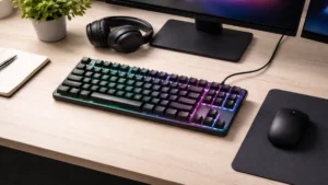 Tastatură de gaming pe birou, imagine ilustrativă pentru alegerea unei tastaturi de gaming