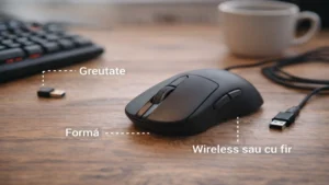 Mouse de gaming așezat pe birou din lemn, ilustrând criterii de alegere precum formă, greutate și tip de conexiune