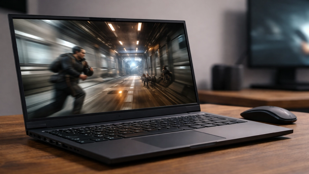 Laptop de gaming afișând o scenă de joc în mișcare, ilustrând fluiditatea oferită de ecrane cu rată mare de refresh