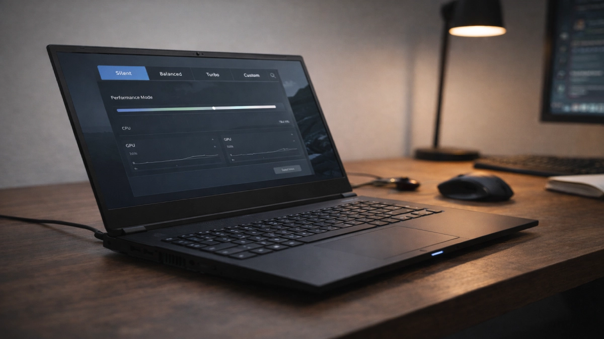 Laptop de gaming cu setări de performanță limitate din software, utilizat pentru reducerea temperaturii